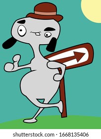 a cartoon hitchhiker with a hat relaxing by a street sign on a sunny day