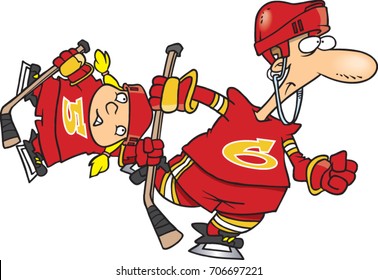 cartoon hockey man with a young girl hockey player hanging onto his stick