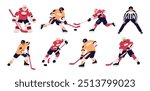 Cartoon hockey players. Professional athletes with clubs in dynamic poses. Team completion. Sport game match. Ice rink. Goalkeeper uniform. Gate offense or defense