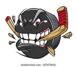 Cartoon hockey puck bites and breaks hockey stick, such logo. Jpeg version also available in gallery