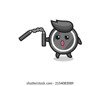 cartoon of hockey puck using nunchaku , cute design