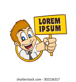 cartoon holding blank sign character vector illustration