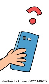 Cartoon holding smartphone and low wifi signal, vector illustration. Colored and black outlines.