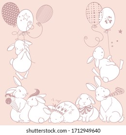 Cartoon holiday background with adorable rabbits on pink. Vector illustration. Can be greeting cards, invitations, flyers, element for design.