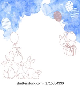 Cartoon holiday background with adorable rabbits, blue watercolor element on white. Vector illustration with place for text. Can be greeting cards, invitations, flyers, element for design.