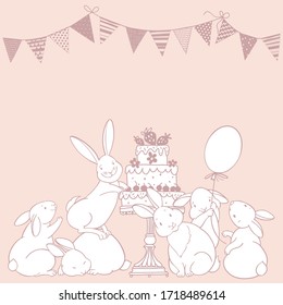 Cartoon holiday background with adorable rabbits on pink. Vector illustration with place for text. Can be greeting cards, invitations, flyers, element for design.