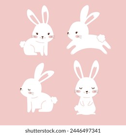 Cartoon holiday bunny vector character. Cute childish rabbit in different pose. Cute spring easter rabbit clipart set. Vector illustration.