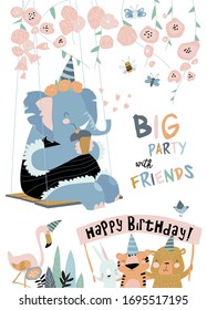 Cartoon holiday card with funny elephant. Happy Birthday
