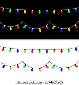 Cartoon holiday festive xmas decoration. Christmas lights set. Colorful string fairy light. Lightbulb glowing garland line. Rainbow color. Flat design. Isolated. White Black background. Vector