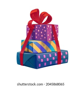 Cartoon holiday gifts stack, vector heap or pile of present boxes with red ribbon and bow. Isolated festive wrapped giftbox, package and pack of Christmas, Xmas, birthday and New Year celebration