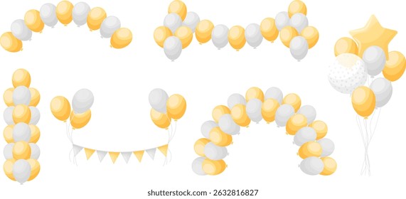 Cartoon holiday gold, silver balloon decoration set. Garland, arch, bouquet clip-art. Glossy colorful helium toys decor. Vector illustration