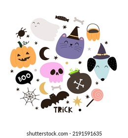 Cartoon holiday Halloween set, hand drawing lettering. Colorful vector illustration, flat style. design for cards, print, poster