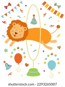 A cartoon holiday lion is jumping through a circus hoop over  a party hats and balloons. For kids 