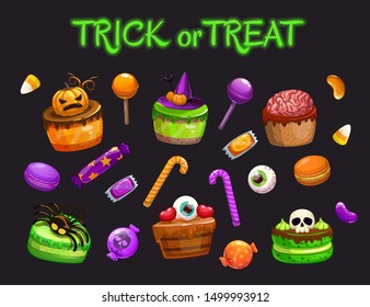 Cartoon holiday sweets. Spooky Halloween treats set. Candies, cakes, macaroons, caramel, lolly pops for Helloween celebration. Vector illustration.