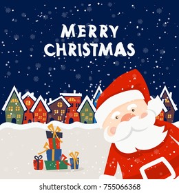 Cartoon holidays card for holiday theme with Santa Claus on winter background. Greeting card for Merry Christmas and Happy New Year. Vector illustration