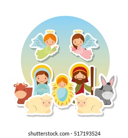 cartoon holy family with angels and animals over white background. colorful design. vector illustration