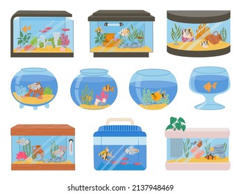 Cartoon home aquariums with fishes, corals, plants and decor. Aquarium tank with underwater pets and seaweeds. Glass fish bowls vector set. Castle, amphora, ship and stone decoration