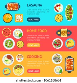 Cartoon Home Cooking Healthy Foods Dishes Menu Banner Horizontal Set Kitchen Concept Flat Design Style. Vector illustration of House Cook Food