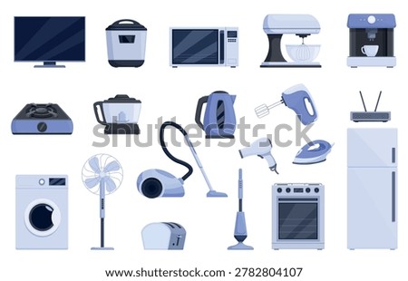 Cartoon home devices. Kitchen appliances, smart electrical devices for household. Iron, vacuum cleaner, fan, fridge, wifi router, toaster and tv, sapid vector clipart