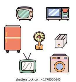 Cartoon home electronics set on white background. Vector illustration in flat cartoon design. 