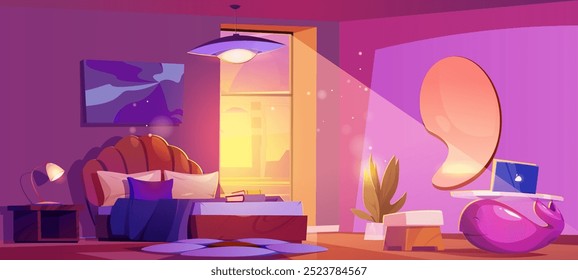 Cartoon home or hotel bedroom interior on sunset or sunrise with sun light from large window, picture and mirror on pink walls, bed with shell shaped headboard and laptop on table in form of whale.