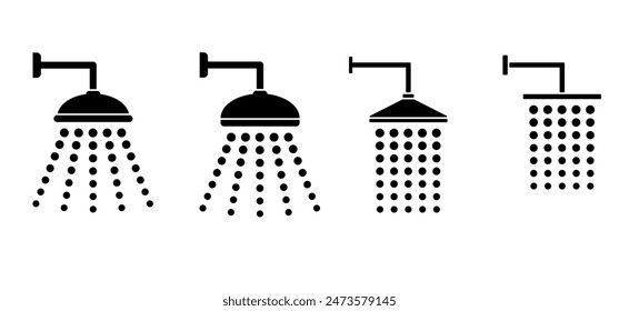 Cartoon Home, hotel shower head with water drops. Vector bathroom tools. Water shower symbol. for shower stall or shower bath and bath room, bathing hot water. Douche icon. Showerhead logo