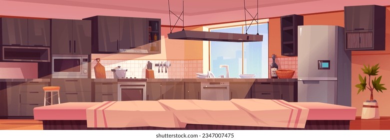 Cartoon home kitchen interior table view vector background illustration. Fridge, stove, sink and counter furniture in modern house room. Cooking apartment modular equipment near window for sunlight