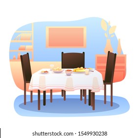 Cartoon home living room with served dining table for three person, chairs. Fruits, sweets and juice drink for breakfast, birthday celebration. Festive menu. Flat modern interior. Vector illustration