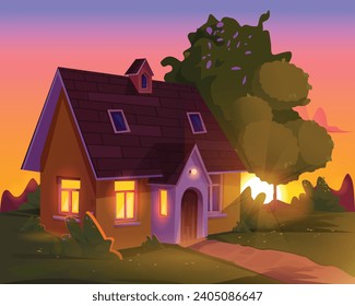 cartoon home night Sundown In the garden of the house vector shape design 