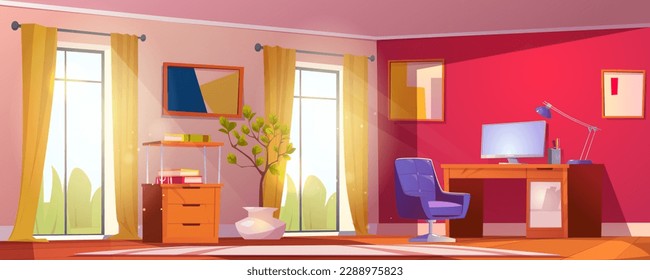 Cartoon home office interior with furniture and summer garden view in window. Vector illustration of room with computer on desk, comfortable armchair, books on shelf. Workspace for freelance job