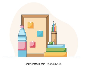 Obra o estudio de caricatura en casa, botella de agua delante de notas en la cubierta, lápices y caucho en los libros. Concepto de lugar de trabajo remoto en un estilo plano aislado en un fondo amarillo.