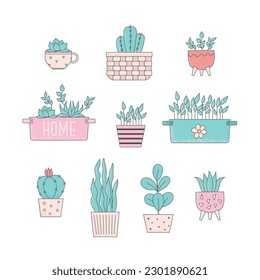 Cartoon home plants in flowerpot vector illustrations. Trendy home decor, cactus, urban jungle, cute houseplants, for stickers, card, story, social media.