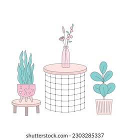 Cartoon home plants in flowerpot vector illustrations. Trendy home decor, vase, table, urban jungle for card, story, web, banner.