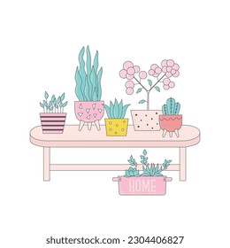 Cartoon home plants in flowerpot vector illustrations. Trendy home decor, table, urban jungle, cute houseplants, for stickers, card, story.