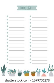 Cartoon home plants and succulents, printable page a4 size  to do list. Design for poster, notebook, kids book, card, cover. Baby style.