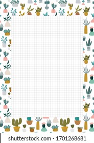 Cartoon home plants and succulents, printable page a4 size. Design for poster, notebook, kids book, card, cover. Baby style.