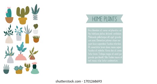 Cartoon home plants and succulents, printable page with a copy space. Design for poster, notebook, kids book, card, cover. Baby style.
