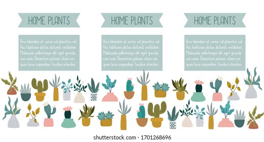 Cartoon home plants and succulents, printable page with a copy space. Design for poster, notebook, kids book, card, cover. Baby style.
