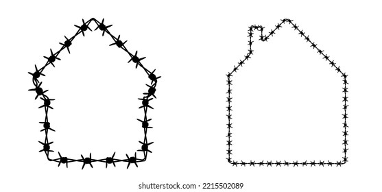 Cartoon Home, speed bubble or speech bubble and rusty barbed wire. House, family wired or wires sign. For freedom or repression. Barbed icon Fence idea. Security purposes. Prison building