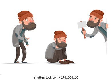 Cartoon homeless bum characters vector set illustration