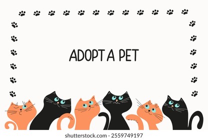 Cartoon homeless kittens. Banner, frame, text. Cats in a row. Adopt homeless animals, concept. Don't buy a pet, help homeless animals find a home.