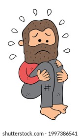 Cartoon Homeless Man Crouching And Very Sad, Vector Illustration. Colored And Black Outlines.