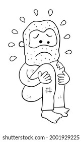 Cartoon Homeless Man Crouching And Very Sad, Vector Illustration. Black Outlined And White Colored.