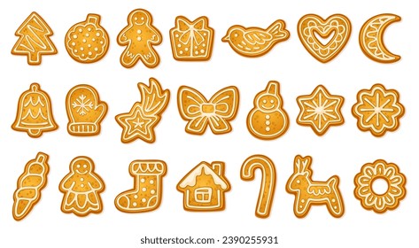 Cartoon homemade gingerbreads. Gingerbread biscuit handmade icing cookie, ginger bread shape man, cake gift snowman star reindeer christmas ornament, neoteric vector illustration of gingerbread cookie