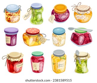 Cartoon homemade jams. Berries jam jars preserve marmalade bread toast breakfast, various stew fruit jelly gourmet dessert seasonal conserve meal, neoteric set vector illustration of jar dessert glass