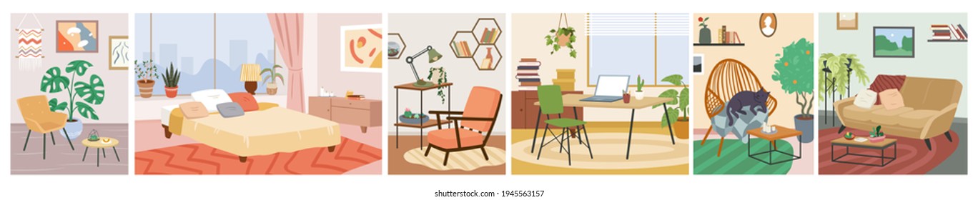 Cartoon homey comfortable home apartment, comfy bed furniture in bedroom, lounge sofa armchair chair table in living room or hall. Scandinavian hygge cozy house interior vector illustration set.