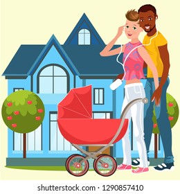 Cartoon homogenderual family happy posing near house