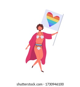 Cartoon homosexual bearded man in bikini carrying lgbt rainbow flag vector flat illustration. Colorful transgender male activist in funny costume at gay parade isolated on white