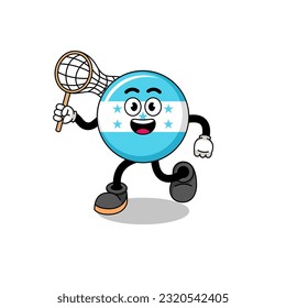 Cartoon of honduras flag catching a butterfly , character design