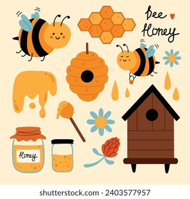 Caricatura con elementos apiarios de miel. Abejas, colmenas, panecillos hexagonales, estilo de dibujo infantil, flores y jarras de vidrio con producto dulce, conjunto vectorial.eps
